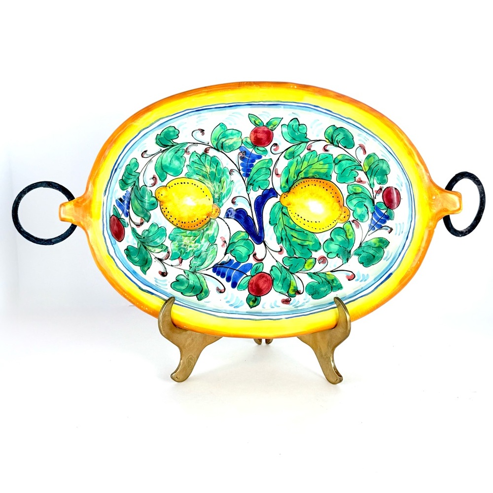 Vintage Firenze Italian Handpainted Wall Dish/Bowl w/Iron Handles Wall Plate